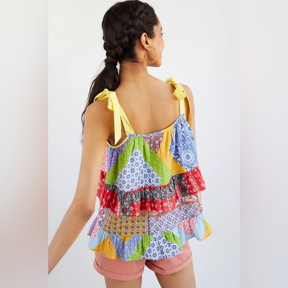 Anthropologie Let Me Be Ruffled Patchwork Flowy Tank Top Blouse - Picture 2 of 9